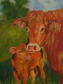 mother and calf oil painting